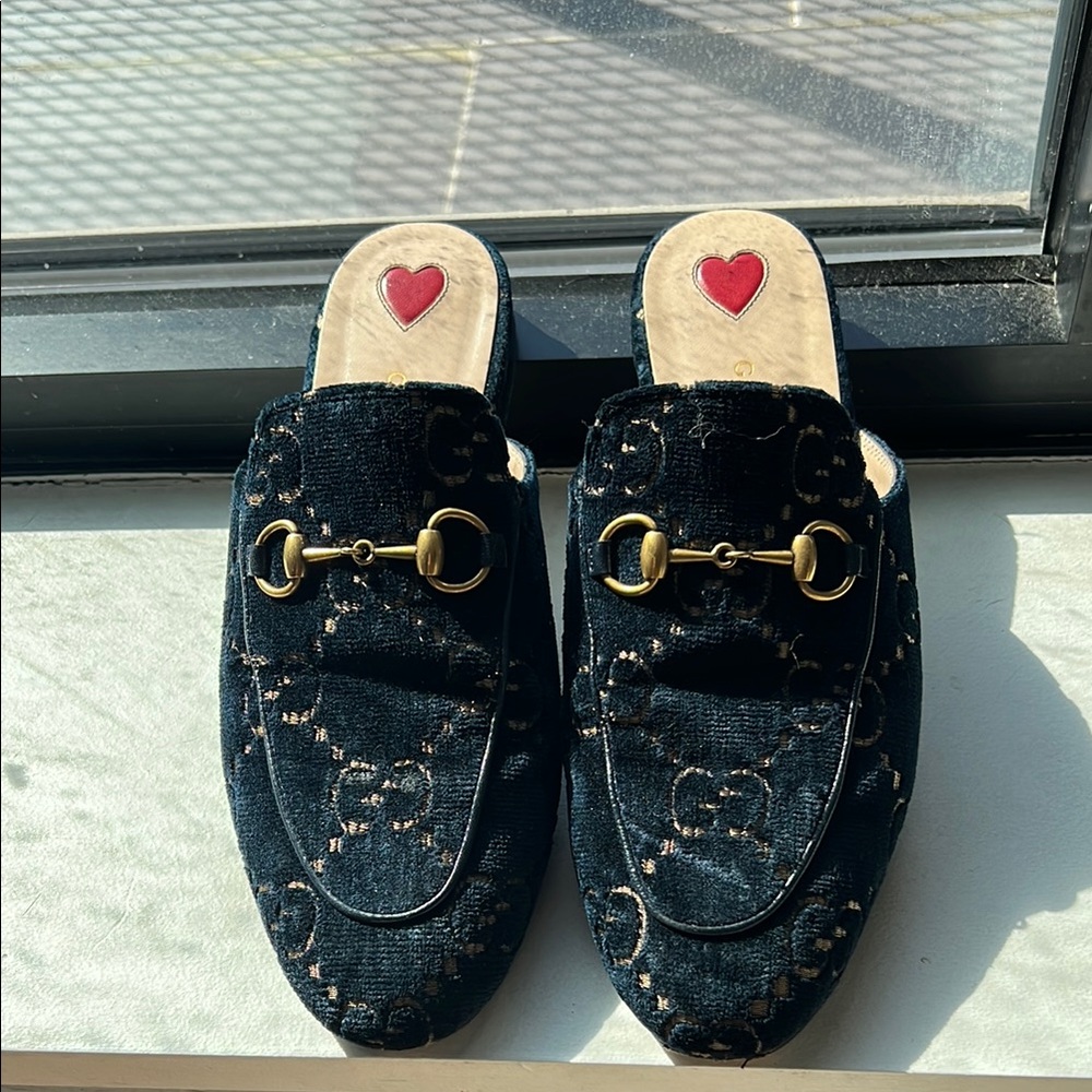 Gucci Black and Gold Velvet Mules with Horsebit Detail